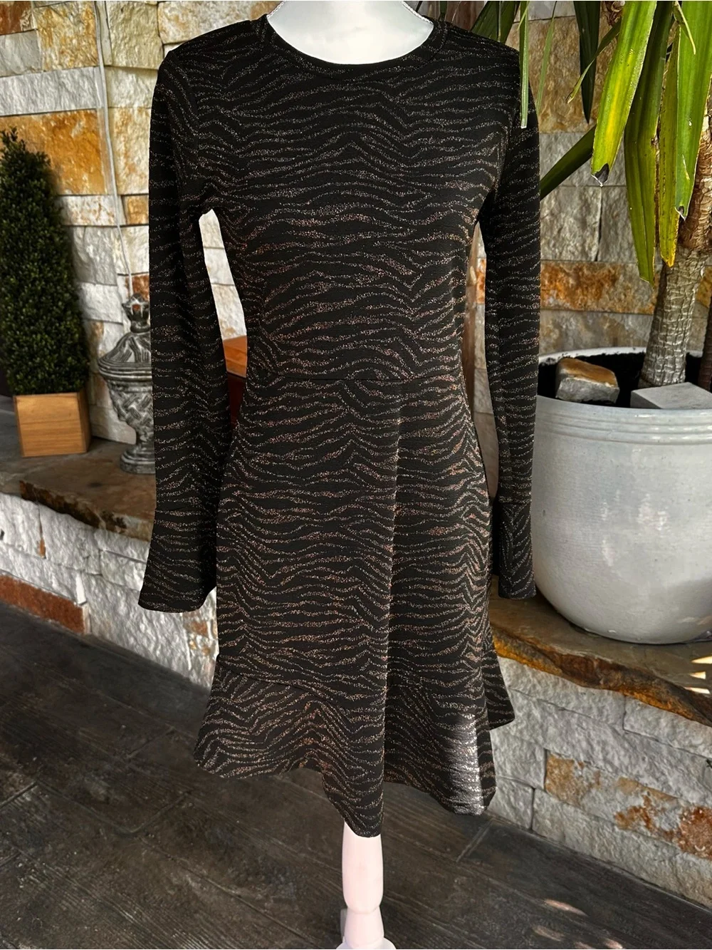 Michael Kors Black Long-Sleeve Metallic Zebra-Print Dress